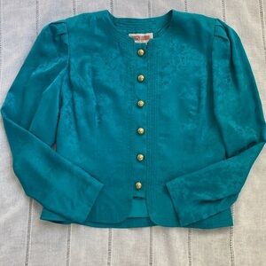 Maggie London 80s silk blazer with gold buttons in deep turquoise.